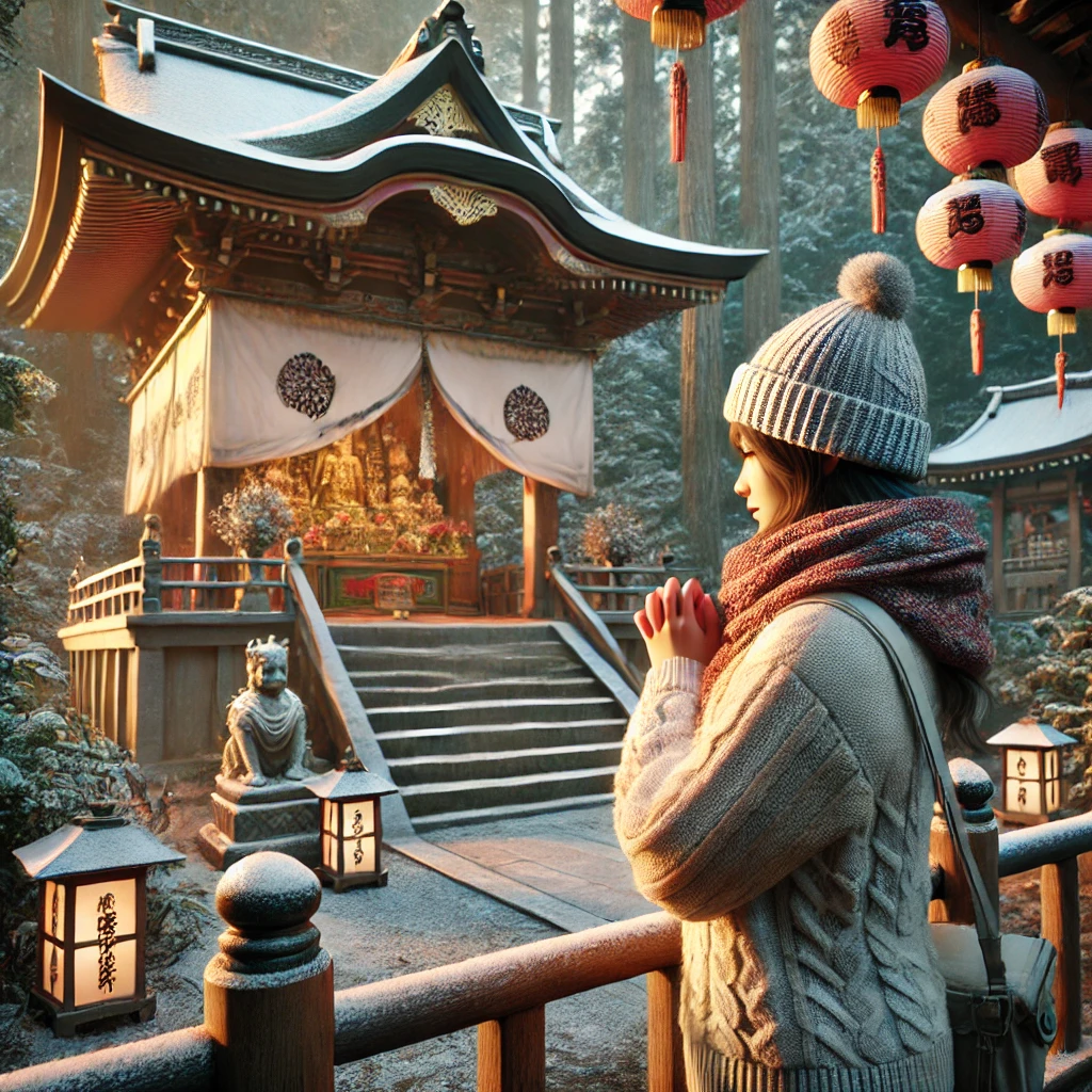 神社や寺院に初詣し、運を呼び寄せている女性