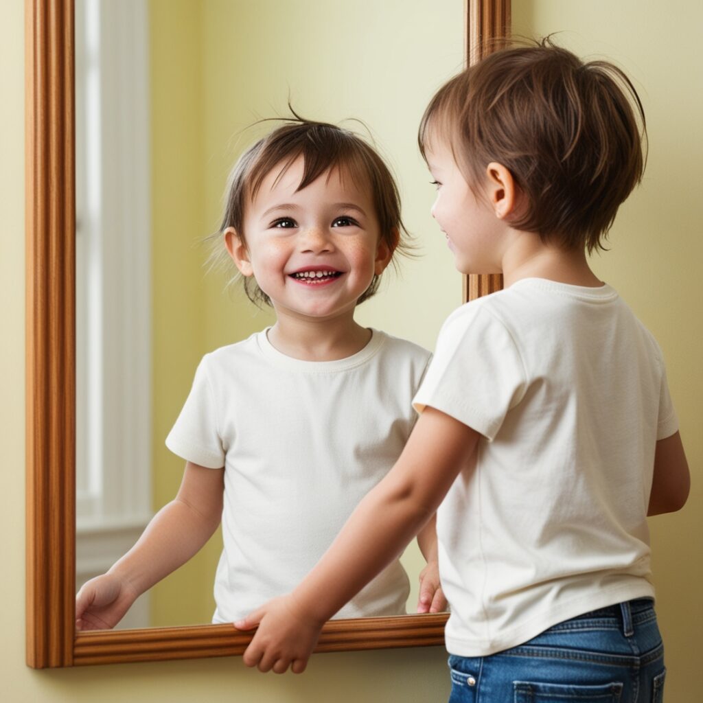 鏡の前で笑顔の練習をしている子供