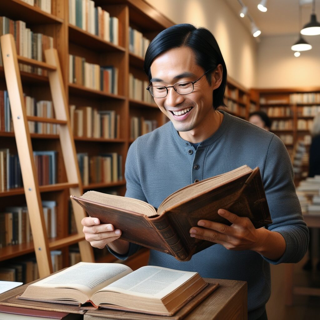 本屋で興味がある本を手に取る男性