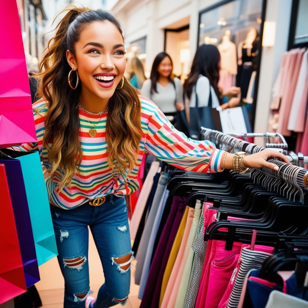 積極的に新しいお店に出かけ、楽しそうにショッピングする女性