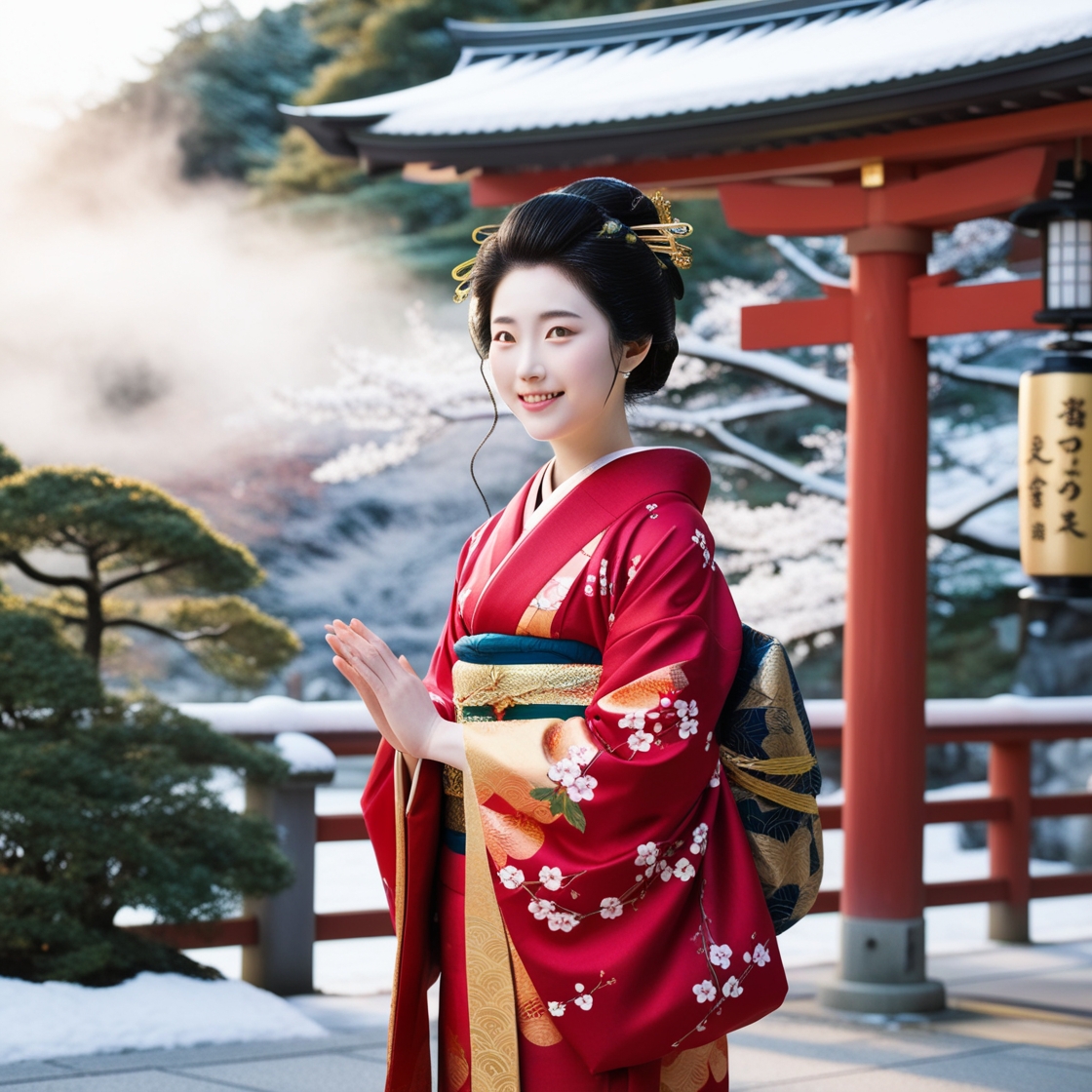 初詣で神社でお祈りする女性